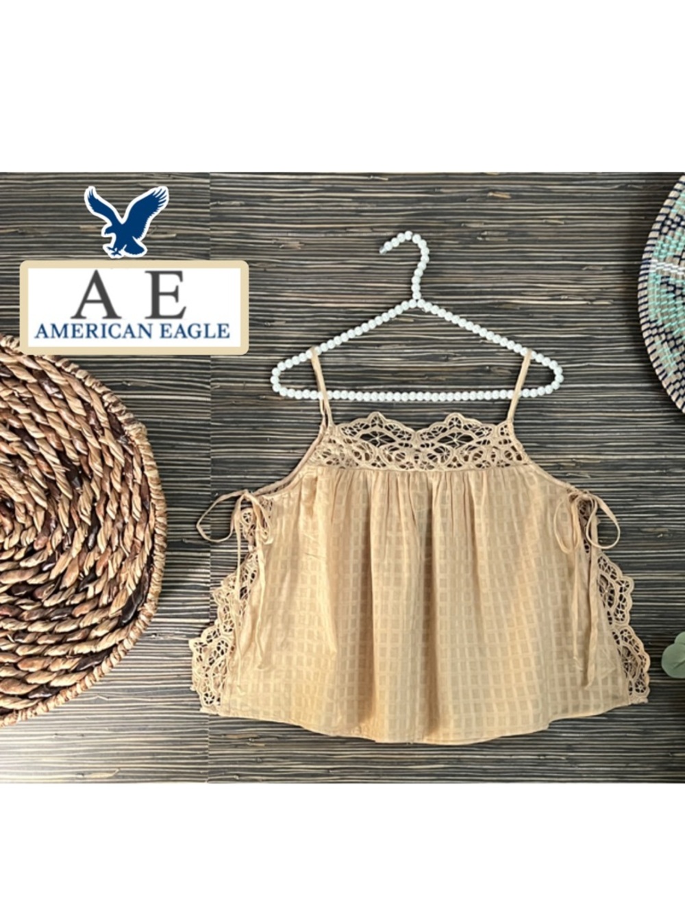 NWT American Eagle Peach Tan Gingham Crochet Lace Side Tie Tank Top Shirt Size S